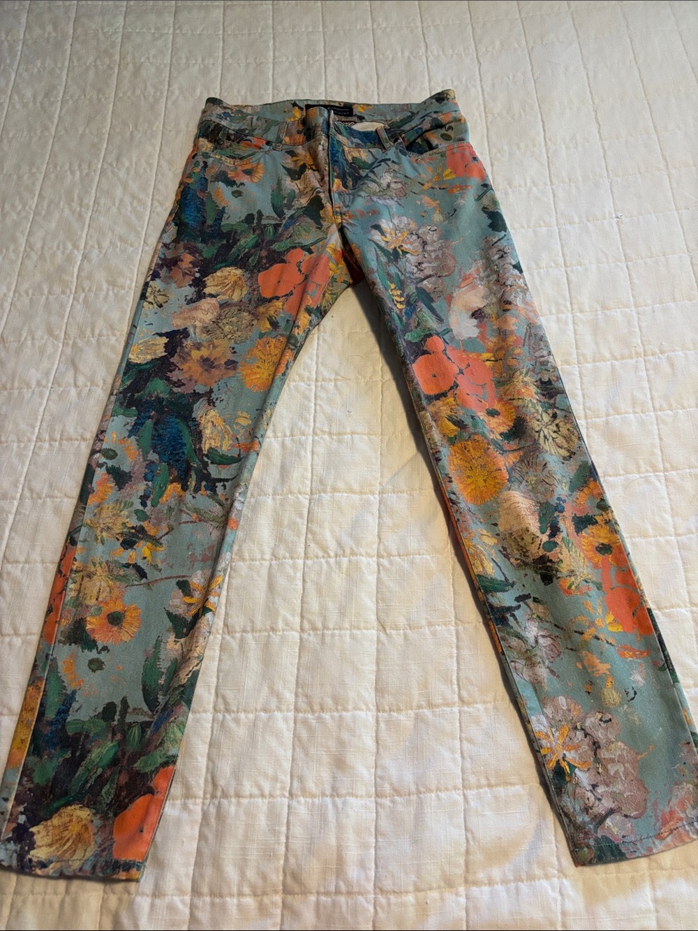 Peruvian Connection Teal Floral Skinny Jeans with Orange and Yellow Accents